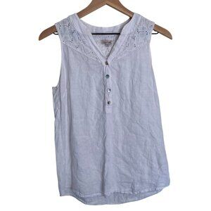 Lina Tomei 100% Linen Sleeveless Tank - White Eyelet - Size Small